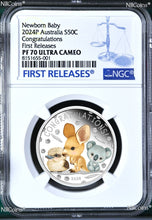 Load image into Gallery viewer, 2024 PROOF Silver Newborn Baby NGC PF70 1/2oz 50c Coin Kangaroo/Koala/Kookaburra
