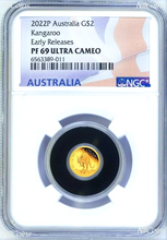 Load image into Gallery viewer, 2022 Australia Mini Roo Kangaroo PROOF 9999 GOLD 0.5g $2 NGC PF69 Coin ER FlagLb
