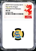 Load image into Gallery viewer, 2024 Australia Colored GOLD $15 Lunar Year of the Dragon NGC MS70 1/10oz Coin FR
