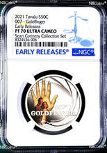 Load image into Gallery viewer, 2021 SEAN CONNERY COLLECTION GOLDFINGER SILVER 1/2oz 50c NGC PF70 James Bond 007
