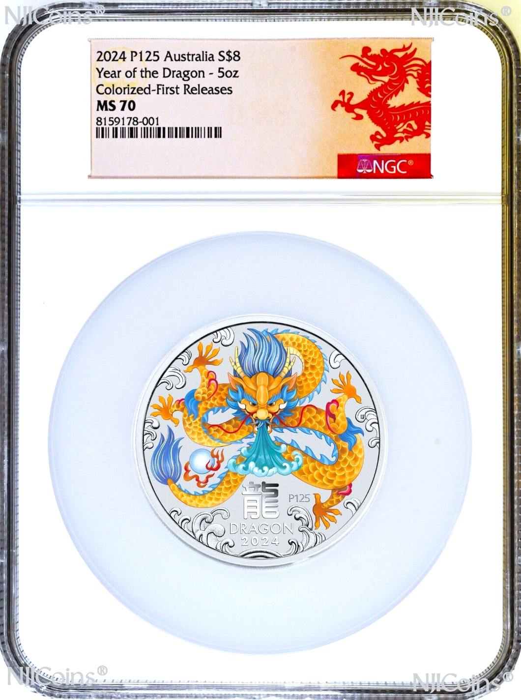 2024 Silver Lunar Year of the Dragon NGC MS70 5oz $8 Coin Colorized