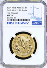 Load image into Gallery viewer, 2024 P Perth Mint 125 Anniv. Base Metal Kangaroo/koala/Kooka NGC MS70 $1 Coin FR
