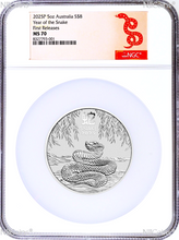 Load image into Gallery viewer, 2025 Australia .9999 Silver Lunar Year of the Snake NGC MS70 5oz $8 Coin FR
