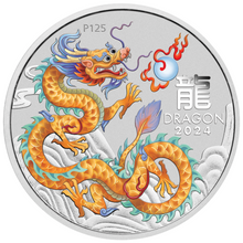 Load image into Gallery viewer, 2024 Lunar Year of the Dragon 1oz GOLDEN Silver $1 Coin in Capsule RGLR issue
