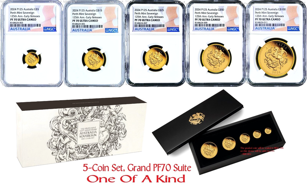 5-Coin Set 2024 Australia Q+H+S+D+F Sovereign GOLD $5 $15 $25 $50 $100 NGC PF70