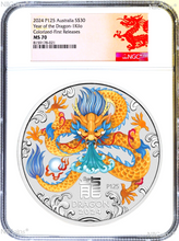 Load image into Gallery viewer, 2024 Lunar Year of the DRAGON 1 Kilo Bullion Silver $30 Coin NGC MS70 Colorized
