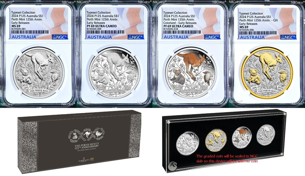 2024 4-Coin-Set Perth Mint 125 Anniversary 1oz $1 Silver NGC MS/PF69 ER Suite