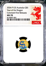 Load image into Gallery viewer, 2024 Australia Colored GOLD $5 Lunar Year of the Dragon NGC MS70 1/20oz Coin FR
