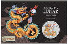 Load image into Gallery viewer, 2024 Lunar Year the Dragon 1oz GOLDEN Silver $1 Coin ANA WORLD’S FAIR OF MONEY
