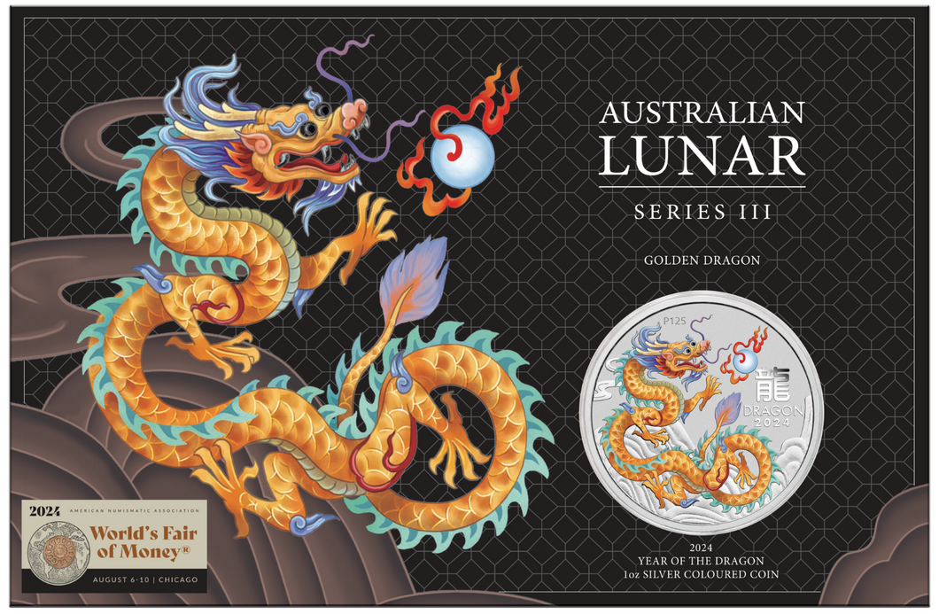 2024 Lunar Year the Dragon 1oz GOLDEN Silver $1 Coin ANA WORLD’S FAIR OF MONEY