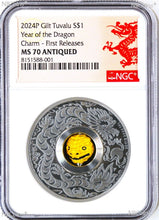 Load image into Gallery viewer, 2024 LUNAR Year of Dragon 1oz $1 Silver Rotating Charm Antiqued Coin NGC MS70 FR
