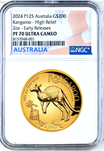 Load image into Gallery viewer, 2024 Australian High Relief Proof Kangaroo $200 NGC PF70 .9999 2oz GOLD Coin ER
