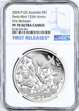 Load image into Gallery viewer, 2024 P Perth Mint 125 Anniv. 1oz Silver Kangaroo/koala/Kooka NGC PF70 $1 Coin FR
