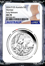 Load image into Gallery viewer, 2024 P Australia Wombat 1 oz .9999 Silver Coin NGC MS 70 $1 ER FLAG Label
