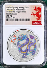 Load image into Gallery viewer, The LAST Color: 2024 Silver Year Dragon LILAC NGC MS70 1oz $1 Sydney Money Expo
