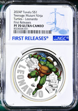 Load image into Gallery viewer, 2024 Teenage Mutant Ninja Turtles LEONARDO 1oz Colored Silver $1 COIN NGC PF70 F
