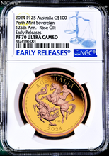 Load image into Gallery viewer, Top Rare 2024 Australia FIVE Sovereign GOLD Pink/Rose Gilt $100 coin NGC PF70 FR
