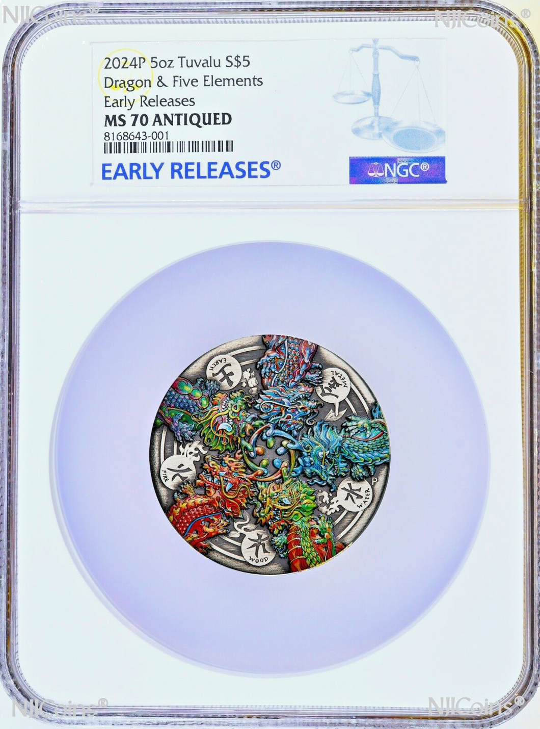 2024 P 2024 DRAGON & THE FIVE ELEMENTS ANTIQUED 5 Oz Silver $5 COIN NGC MS70 ER