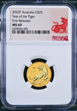 Load image into Gallery viewer, 2022 Australia Bullion 1/4oz GOLD Lunar Year of the Tiger NGC MS69 $25 Coin FR
