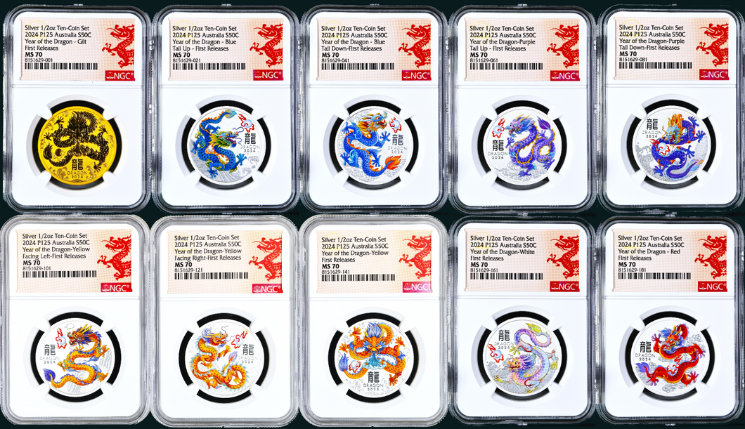 2024 LUNAR YEAR OF THE DRAGON SILVER 10-coin-set 10x 1/2oz All Colors NGC MS70