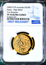 Load image into Gallery viewer, 2024 Australian Koala 1oz Gold Proof High Relief $100 COIN NGC PF70 FR Blue LB
