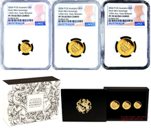 Load image into Gallery viewer, 3-Coin Set 2024 Australia Quarter+Half+One Sovereign GOLD $5 $15 $25 NGC PF70 E
