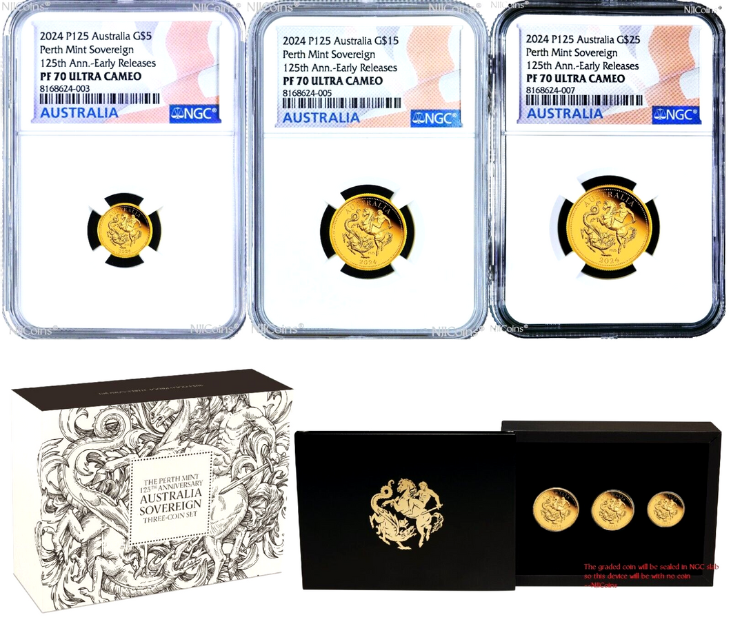 3-Coin Set 2024 Australia Quarter+Half+One Sovereign GOLD $5 $15 $25 NGC PF70 E