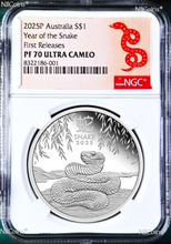 Load image into Gallery viewer, 2025 Australia PROOF Silver Lunar Year of the SNAKE NGC PF70 1oz $1 Coin FR
