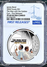 Load image into Gallery viewer, 2024 James Bond 007 Man With The Golden Gun SILVER PROOF $1 1oz COIN NGC PF69
