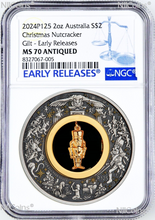 Load image into Gallery viewer, 2024 Christmas NUTCRACKER 2oz Silver Gilt Insert Antiqued Coin MS70 ER
