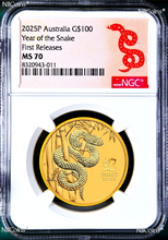 Load image into Gallery viewer, 2025 Australia Bullion GOLD $100 Lunar Year of the Snake NGC MS70 1oz Coin FR
