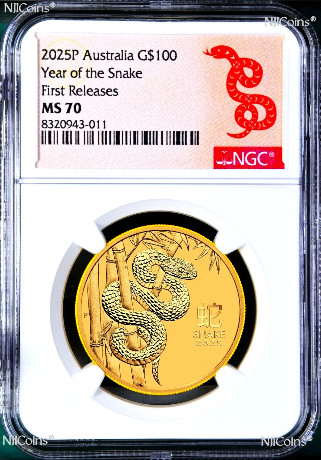 2025 Australia Bullion GOLD $100 Lunar Year of the Snake NGC MS70 1oz Coin FR