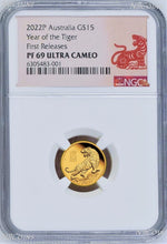 Load image into Gallery viewer, 2022 Australia Bullion 1/10oz GOLD Lunar Year of the Tiger NGC PF69 $15 Coin FR
