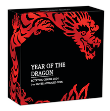 Load image into Gallery viewer, 2024 LUNAR Year of Dragon 1oz $1 Silver Rotating Charm Antiqued Coin NGC MS70 FR
