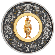 Load image into Gallery viewer, 2024 CHRISTMAS $2 2oz Silver Antiqued Coin w/24k gold-plated NUTCRACKER Insert
