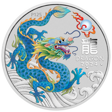 Load image into Gallery viewer, 2024 Lunar Year of the Dragon 1oz TEAL Silver $1 Coin in Mint Capsule RGLR issue
