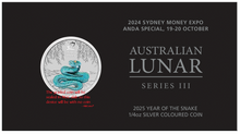 Load image into Gallery viewer, RARE 2024 Silver Sydney ADNA Expo Lunar Year of the SNAKE 1/4oz 25c NGC MS70
