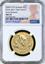 Load image into Gallery viewer, 2024 P Perth Mint 125 Anniv. Base Metal Kangaroo/koala/Kooka NGC MS70 $1 Coin ER

