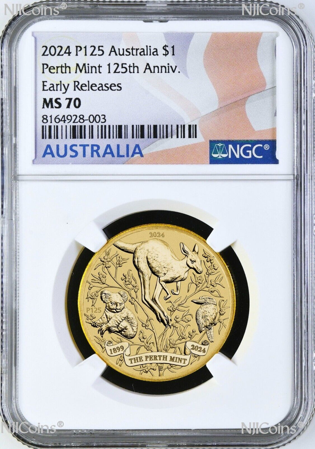 2024 P Perth Mint 125 Anniv. Base Metal Kangaroo/koala/Kooka NGC MS70 $1 Coin ER