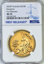 Load image into Gallery viewer, 2023 Australia Bullion 1oz .9999 GOLD Kangaroo NGC MS70 $100 Coin FR
