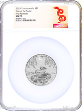 Load image into Gallery viewer, 2025 Australia .9999 Silver Lunar Year of the Snake NGC MS70 2oz $2 Coin FR
