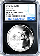 Load image into Gallery viewer, 2024 BON SCOTT SILVER $1 1oz Colored COIN NGC PF70 Ultra Cameo BLACK CORE FR
