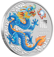 Load image into Gallery viewer, 2024 Lunar Year of the Dragon 1/2 oz BLUE Silver Half Dollar Coin In Capsule
