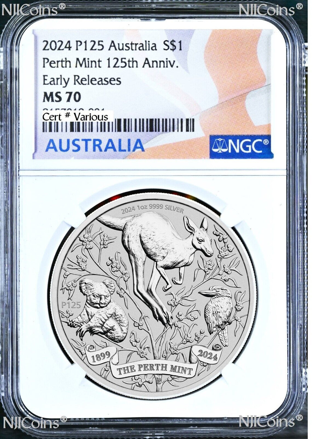 2024 P Perth Mint 125 Anniv. 1oz Silver Kangaroo/koala/Kooka NGC MS70 $1 Coin ER