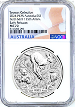 Load image into Gallery viewer, 2024 Perth Mint 125 Anniversary 1oz $1 Silver NGC MS70 Coin &quot;Typeset Version&quot;
