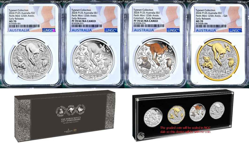 2024 4-Coin-Set Perth Mint 125 Anniversary 1oz $1 Silver NGC MS/PF70 ER Suite