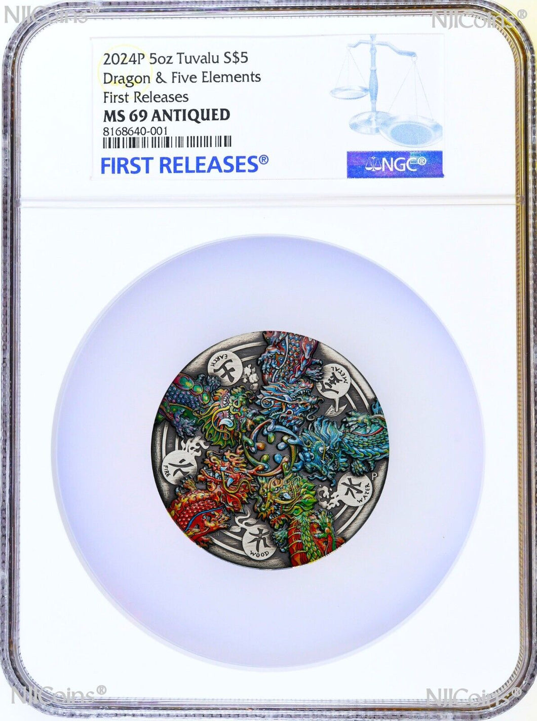 2024 P 2024 DRAGON & THE FIVE ELEMENTS ANTIQUED 5 Oz Silver $5 COIN NGC MS69 FR