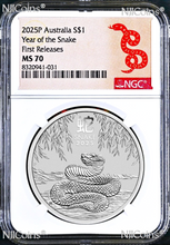 Load image into Gallery viewer, 2025 Australia .9999 Silver Lunar Year of the Snake NGC MS70 1oz $1 Coin &quot;P125&quot;
