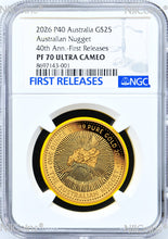 Load image into Gallery viewer, Super Rare 2026 1oz 9999 GOLD NGC PF70 $100 PROOF Coin 40 ANN AUSTRALIA NUGGET F
