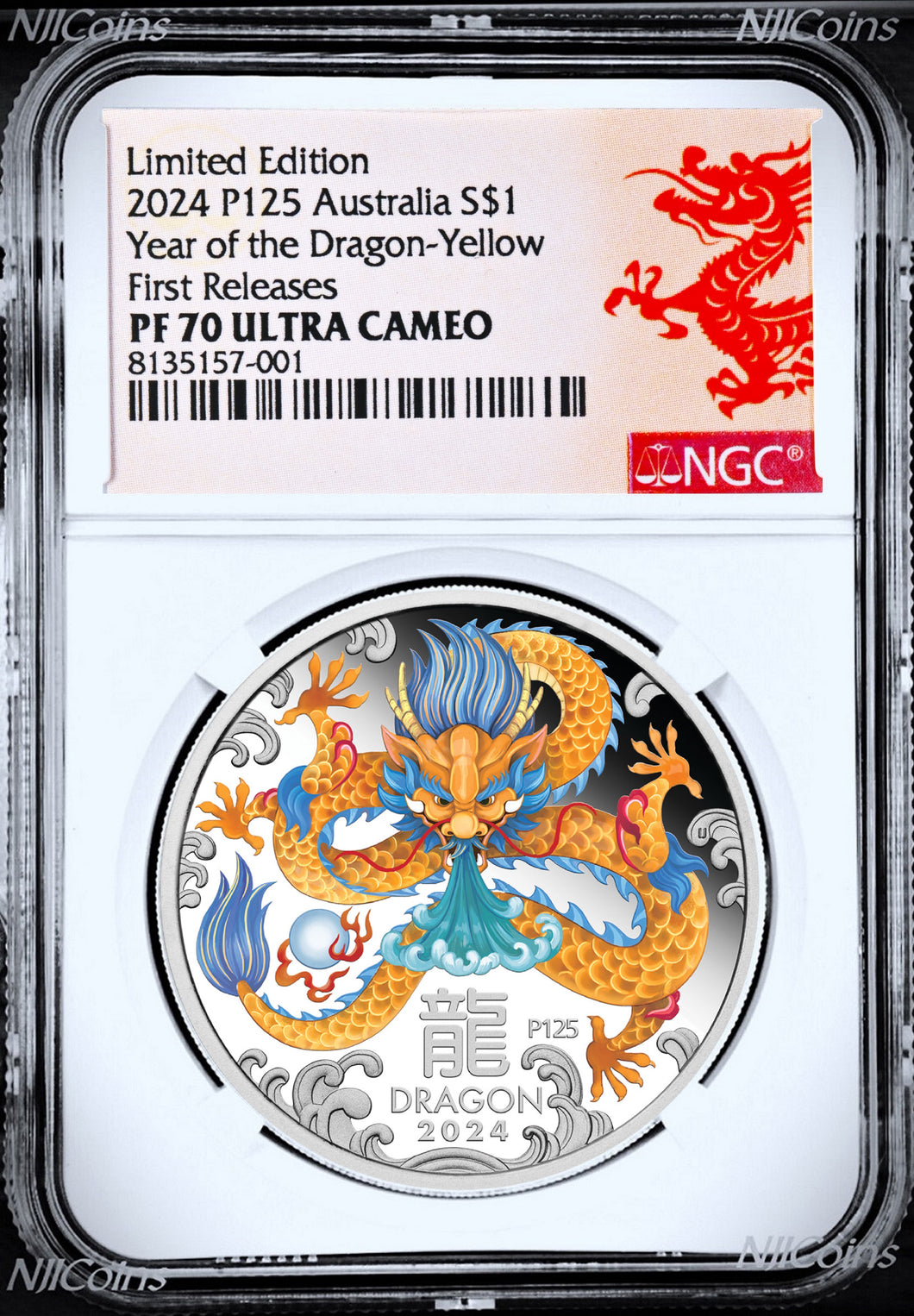 2024 Australia PROOF Colored Silver Lunar Year of the DRAGON NGC PF70 1oz Coin Yellow
